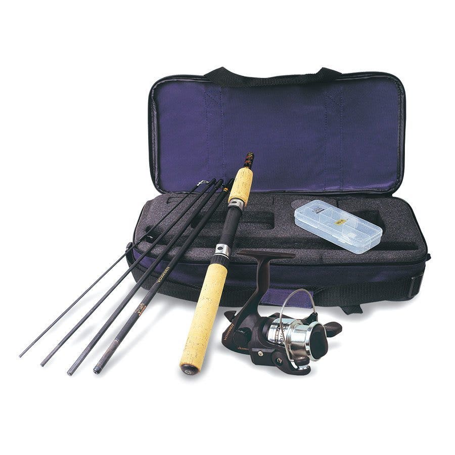 backpacking fishing rod and reel combos 3 Piece Surf Combo With Medium Heavy Travel Spinning Rod 5000 Size Reel Baitfeeder 9 Foot Orange Catapult Style Long Casts For The 66 inch Medium power Okuma Voyager 5-Piece Medium-Light Spinning