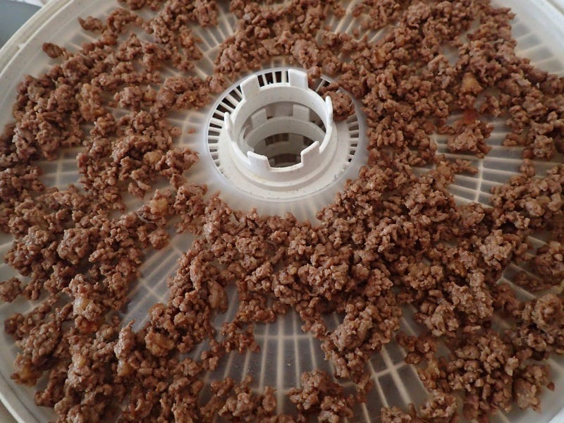 After cooking burger, place it on parchment or fruit leather trays in the dehydrator. 