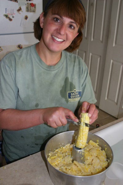Use an angel food cake pan to cut the corn off the cob.