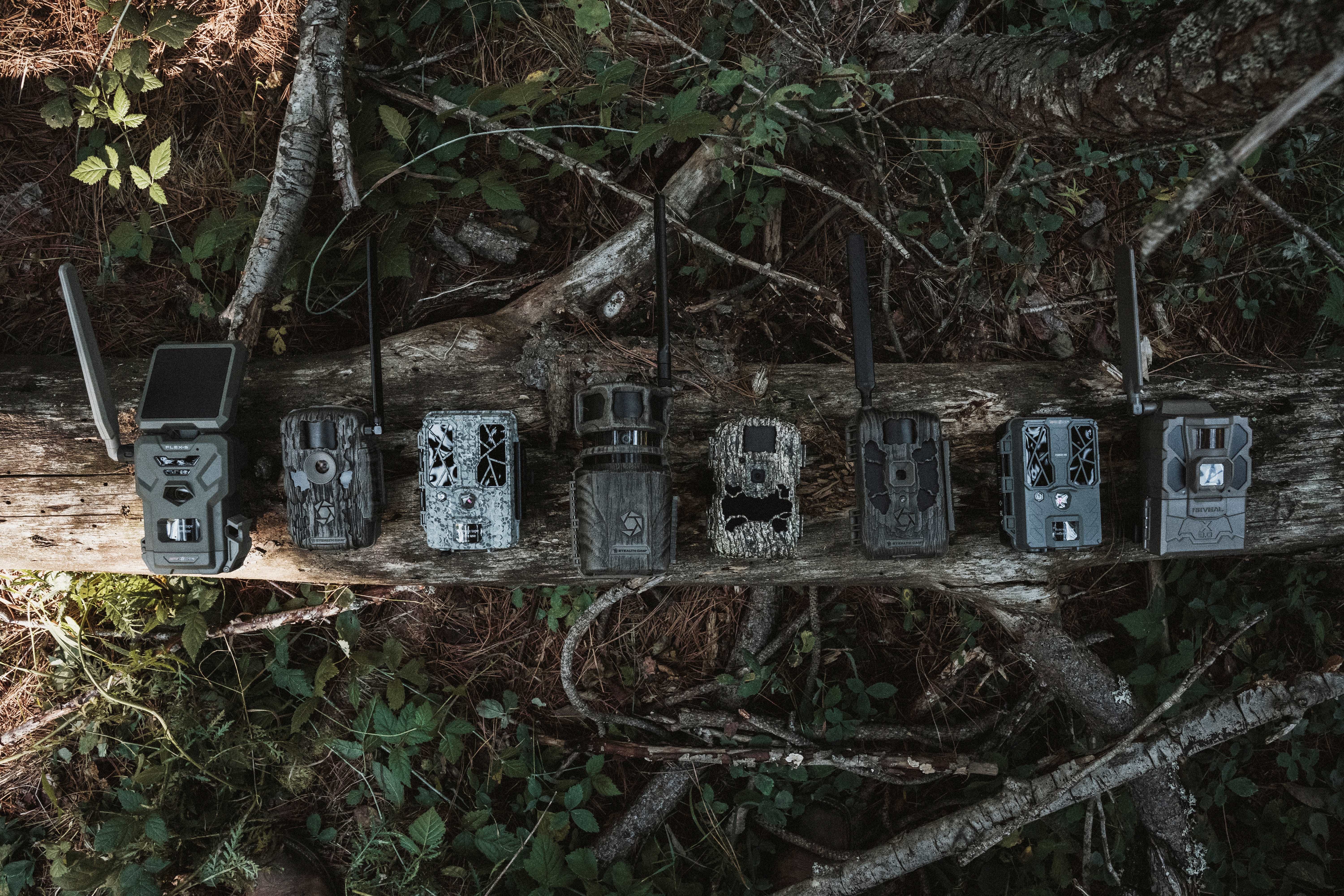 8 game cameras laid out in order on a log with branches and leaves around 