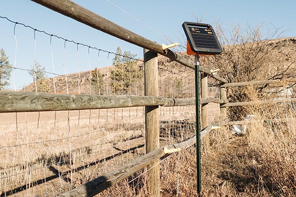 Gallagher Electric fence along a fence panel and wooden posts. 