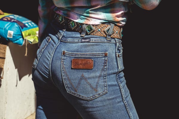 wrangler jeans in barn with belt with blue rhinestones, a bag of feed in the corner, and the person wearing a pink and blue plaid shirt
