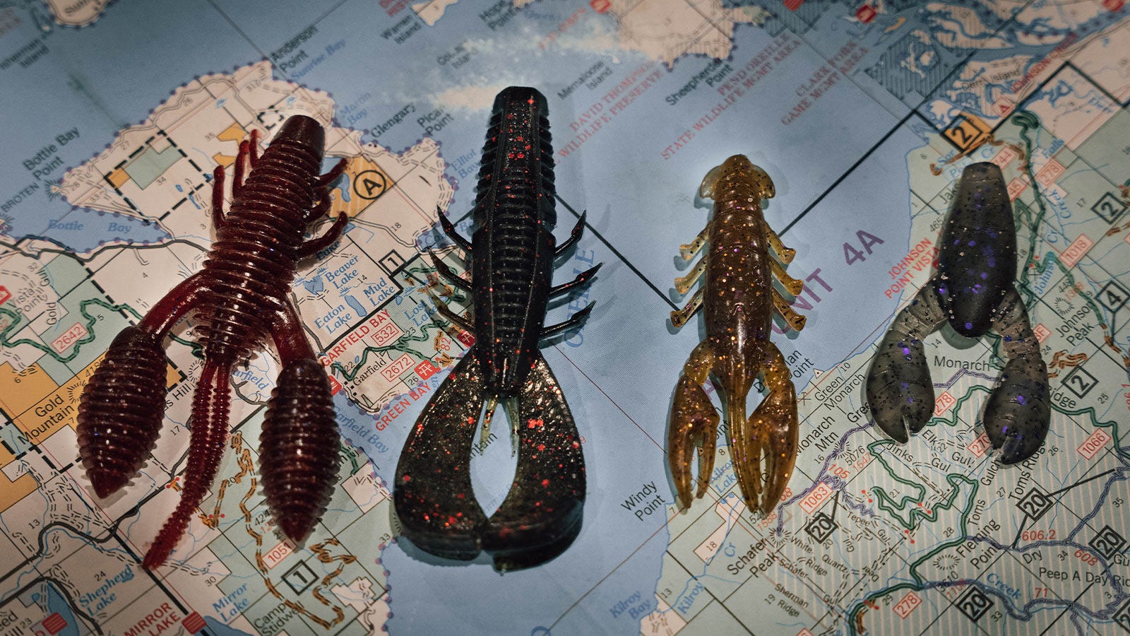 Multiple creature baits from brands like geecrack, x-zone, great lakes finesse, crush city displayed on a map. 