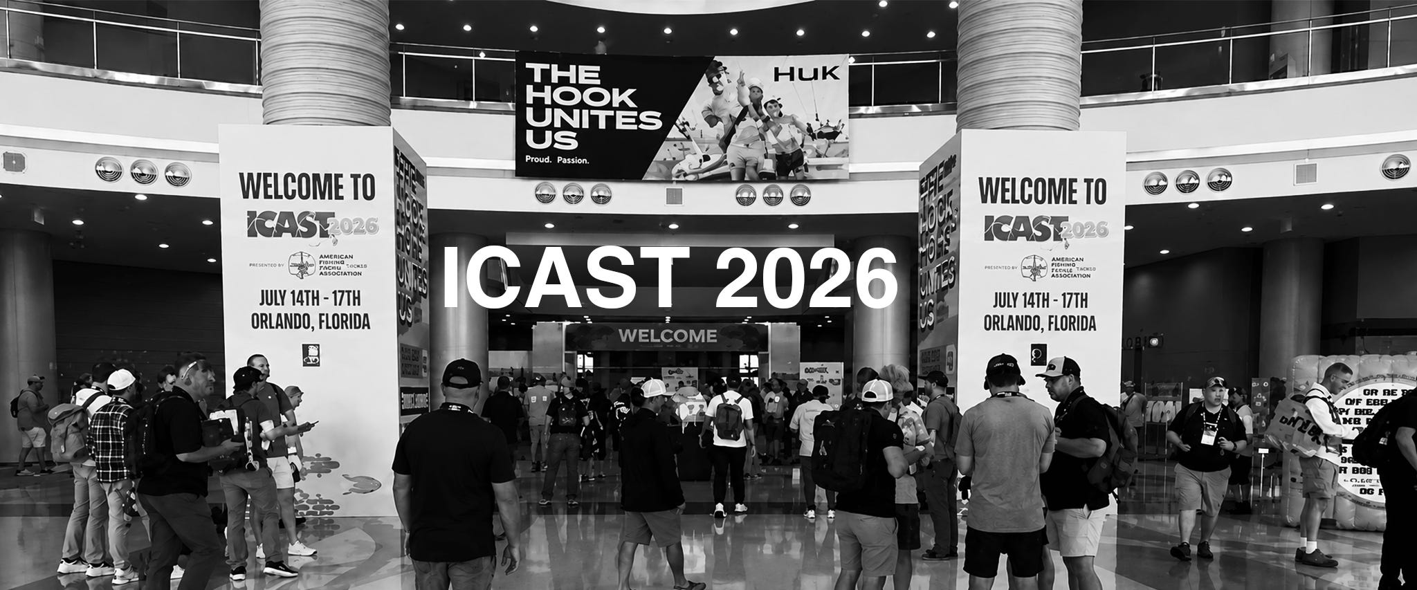 Anglers walking through the entrance of ICAST 2026 in Orlando, Florida, under a welcome banner