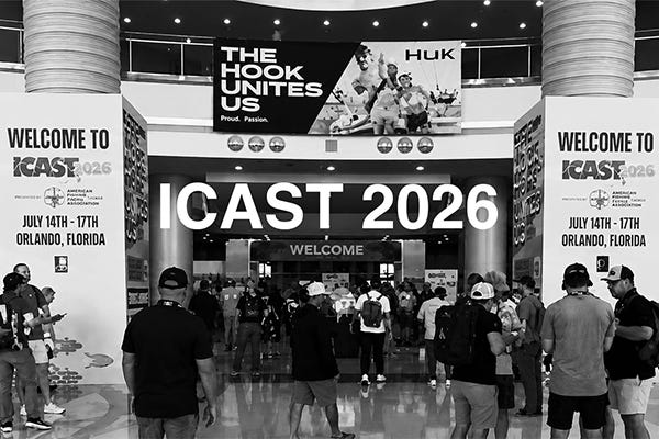 Anglers walking through the entrance of ICAST 2026 in Orlando, Florida, under a welcome banner
