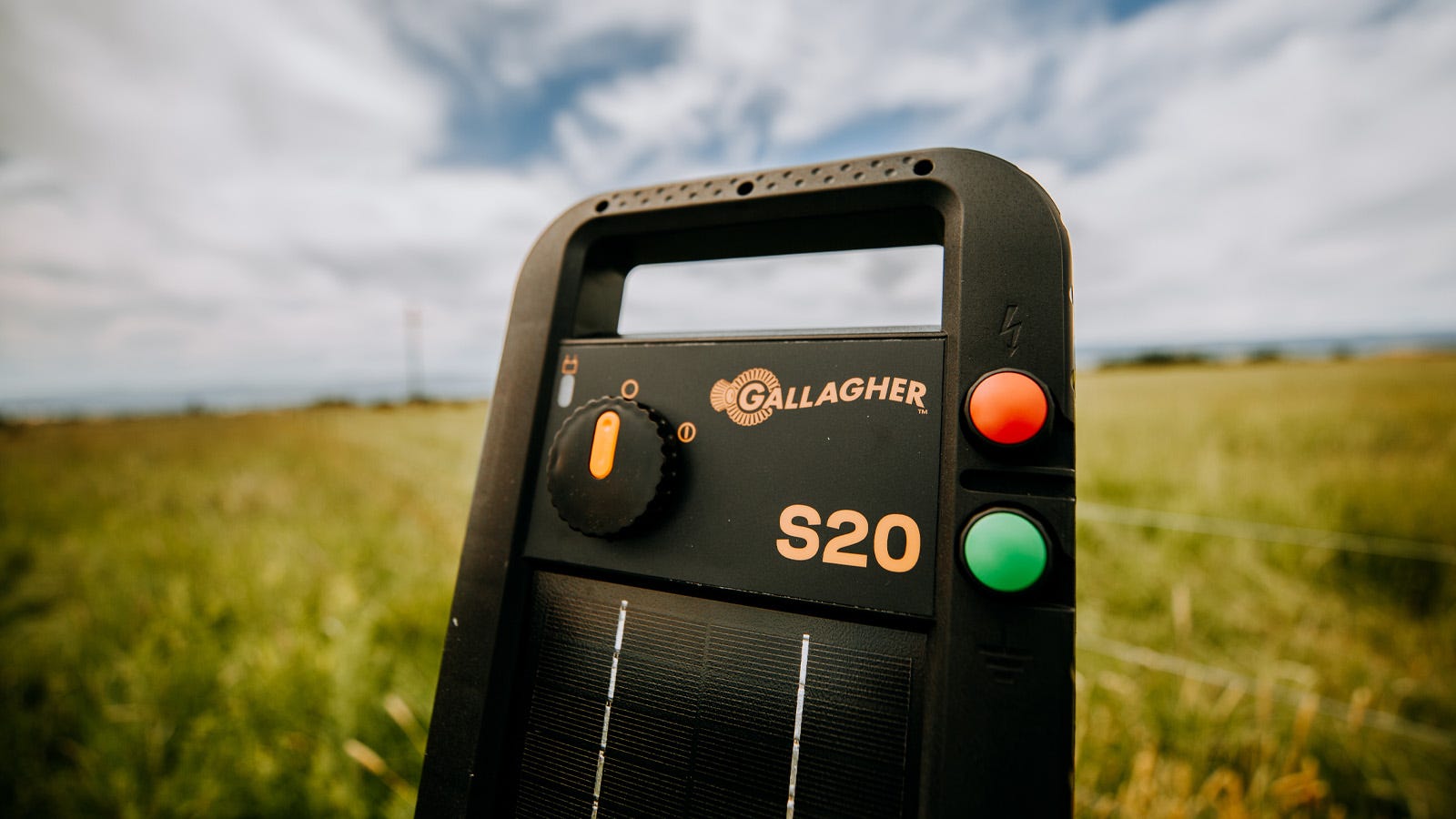 A Gallagher s20 energizer on a post in a field