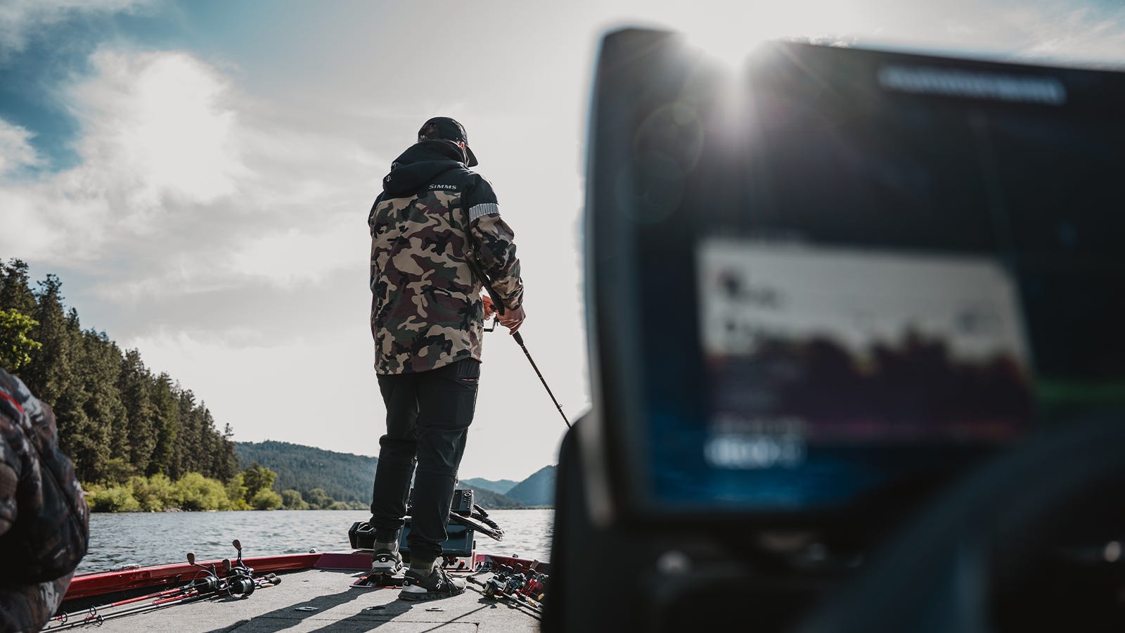 Bass fishing on CDA lake on a bass boat with a humminbird fish finder