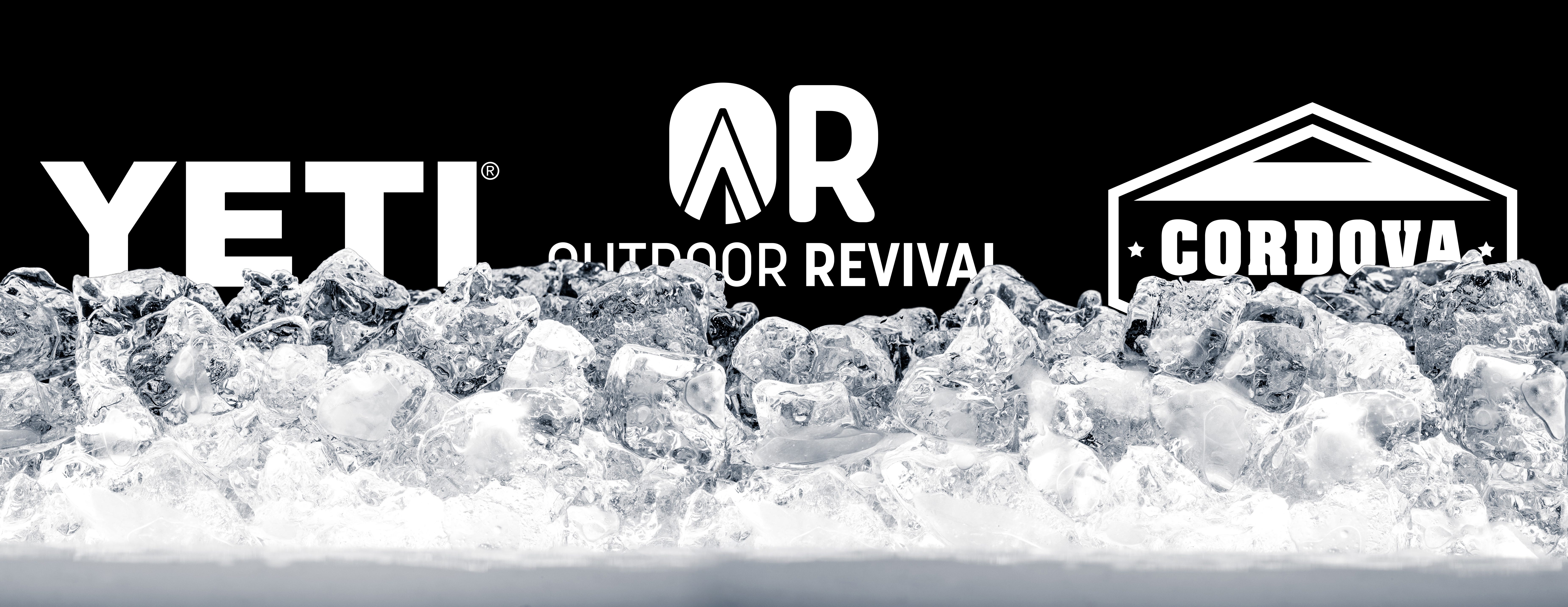 Yeti, Cordova, and Outdoor Revival logos on black background with cloeup ice in forground