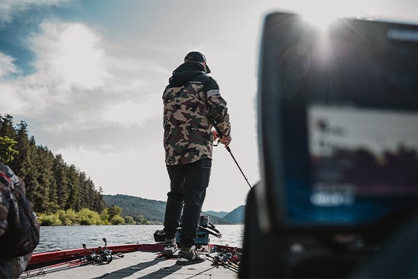 Bass fishing on CDA lake on a bass boat with a humminbird fish finder