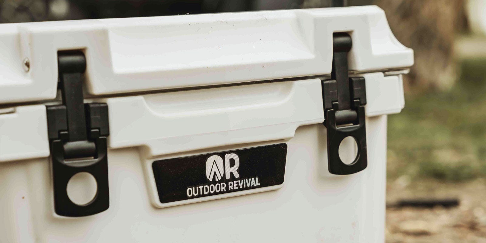 Close up of brand tag on a white colored Outdoor Revival cooler