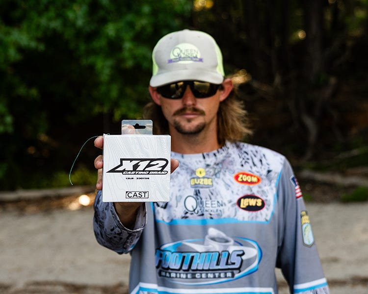 cast fishing co x12 braided line, professional fisherman holding it up to the camera braided line, x12