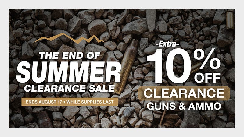 End of summer clearance sale banner with bold text announcing Extra 10% off Clearance on guns and ammo.