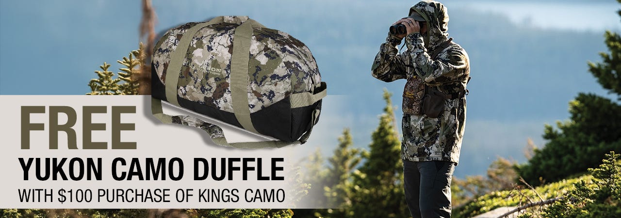 Advertisement showcasing a free Yukon Camo duffle bag with a $100 purchase of Kings Camo. Features a camouflaged bag and a person in camo gear using binoculars in a mountainous outdoor setting.