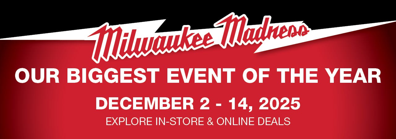Red and black promotional banner with "Milwaukee Madness" in bold script. Text reads "Our Biggest Event of the Year" from December 2-14, 2025.