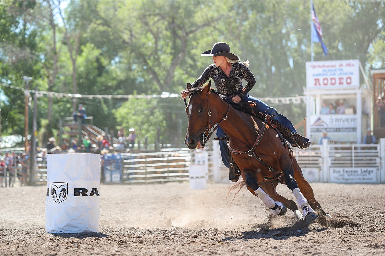 Lindsay Kruse competing in barrel racing at the Augusta rodeo in 2022.