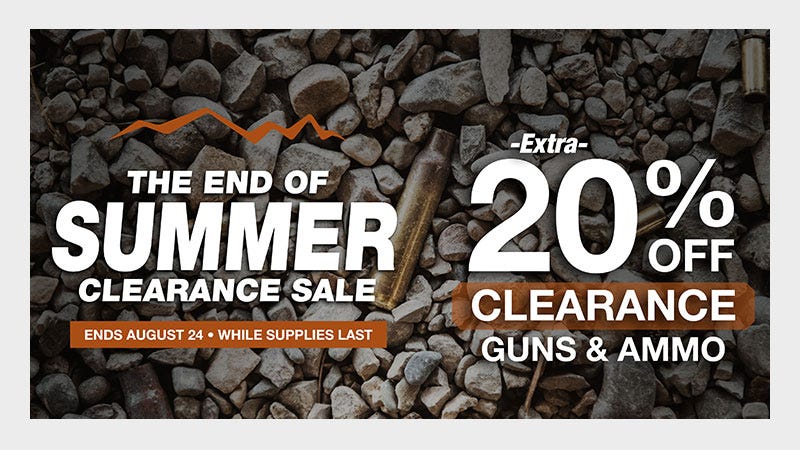 End of summer clearance sale banner with bold text announcing Extra 20% off Clearance on guns and ammo.