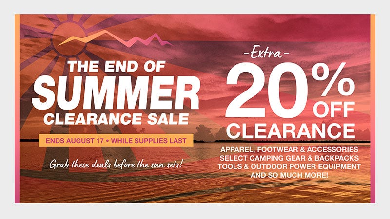 End of summer clearance sale banner with bold text announcing Extra 20% off Clearance on apparel, footwear, and accessories, select camping gear and backpacks, tools and outdoor power equipment, and so much more!