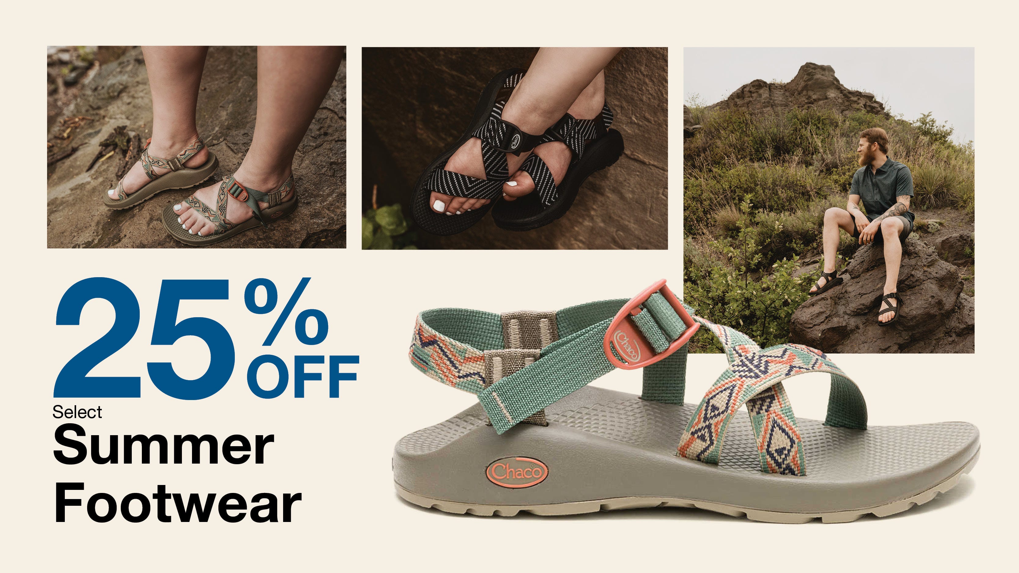 Text reads "25% Off Select Summer Footwear" with images of people modeling summer sandals