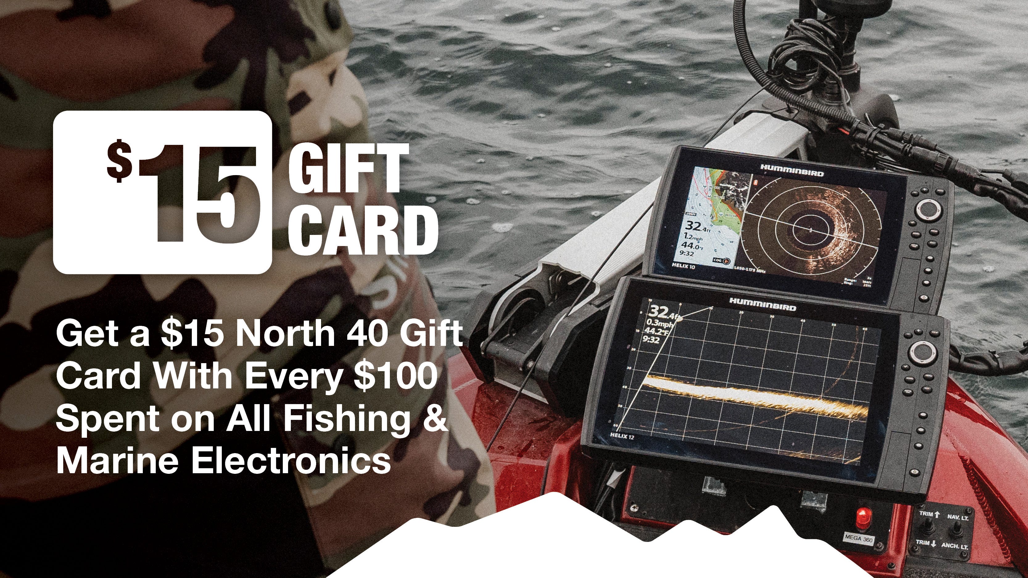 Text reads "Get a $15 North 40 Gift Card with Every $100 Spent on All Fishing and Marine Electronics" with the background showing a fish finder on the water