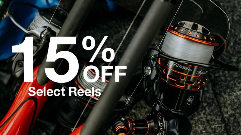 Text reads "15% Off Select Reels" with the background showing silver and red reels
