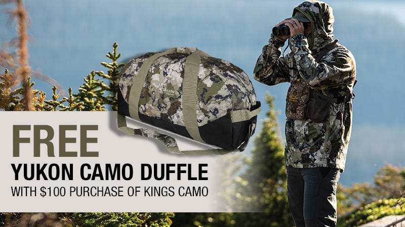 Advertisement showcasing a free Yukon Camo duffle bag with a $100 purchase of Kings Camo. Features a camouflaged bag and a person in camo gear using binoculars in a mountainous outdoor setting.
