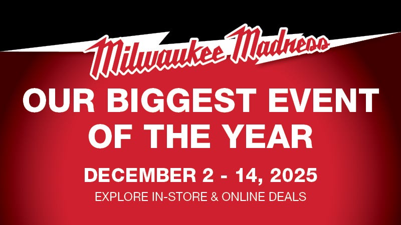 Red and black promotional banner with "Milwaukee Madness" in bold script. Text reads "Our Biggest Event of the Year" from December 2-14, 2025.