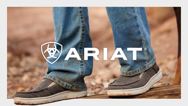 Person stepping in Ariat Hilo shoes with Ariat logo overlaid