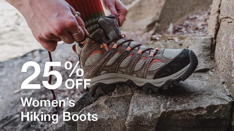Women's hiking boots with a promotional offer of 25% off displayed prominently.