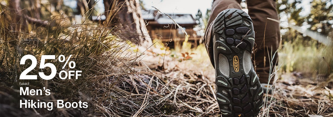 Men's hiking boots with a promotional banner displaying 25% off.