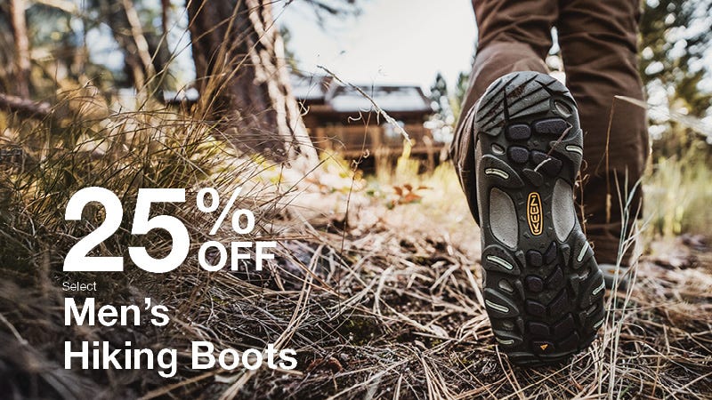 Men's hiking boots with a promotional banner displaying 25% off.