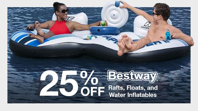 A vibrant image of two individuals on an inflatable Bestway raft, featuring a prominent "25% off" promotional message.