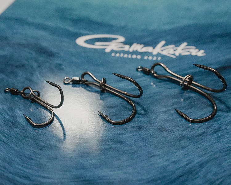 three different sizes of the new urchin hook from gamakatsu at the icast 2026 booth