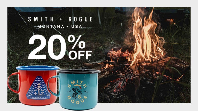 Two camping mugs featuring the text "Smith & Rogue 20% Off" prominently displayed above the mugs.