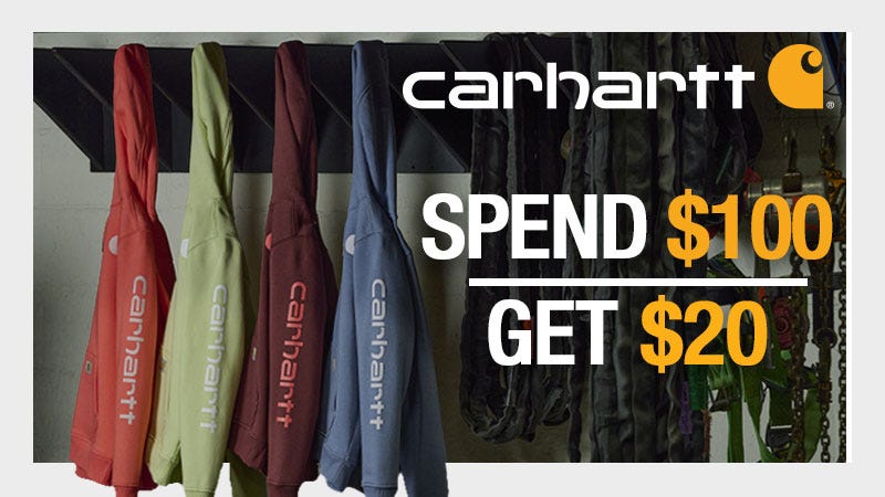 Carhartt hoodies handing from hook; north 40 carhartt sale; spend $100 get $20 