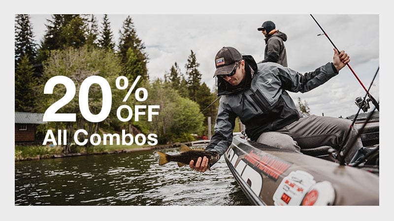 Man fishing with a combo rod, featuring a 20% discount on all combo offers.
