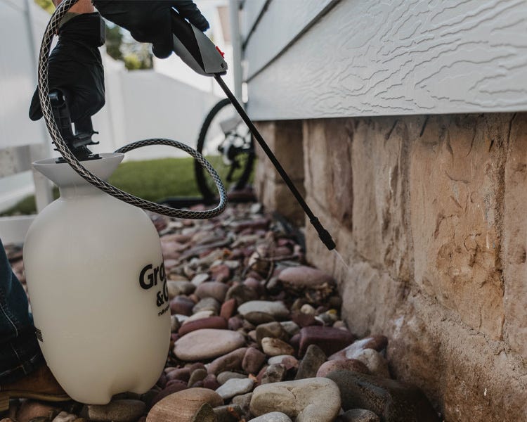 CyLence (Tempo) Ultra being sprayed around the base of a house with a hand sprayer