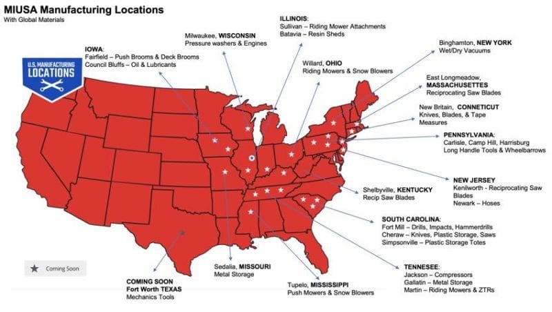 A map of Black and Decker plants. Black and Decker maintains an impressive 48 manufacturing facilities in the USA
