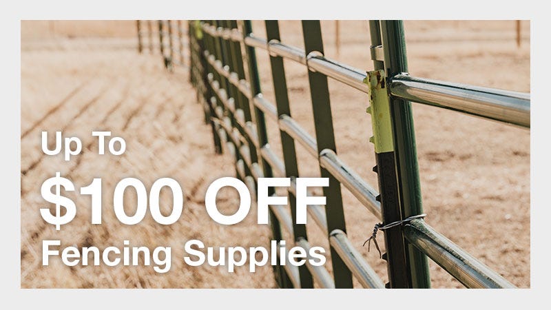 Up to $100 Off Fencing Additions text over an image of a fence and T post