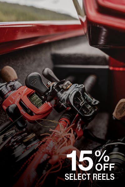 Close shot of reels inside a boat. Text reads "15% OFF Select Reels."