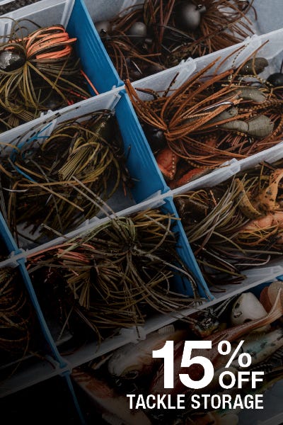 High angle shot looking down at a tackle box. Text reads "15% off tackle storage."