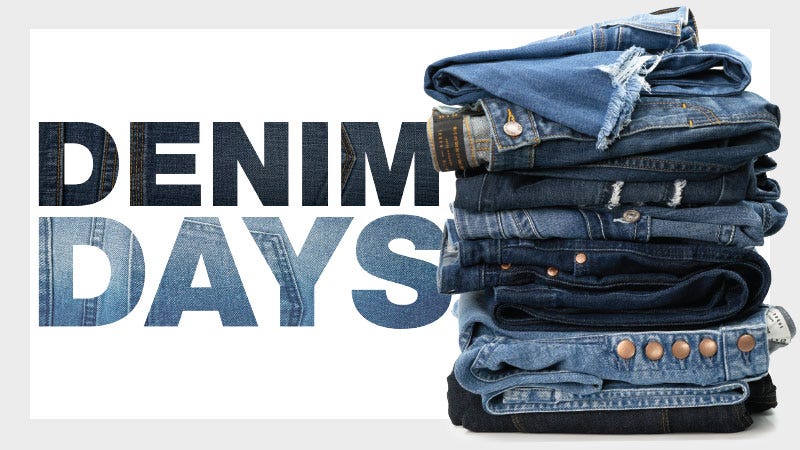 Denim Days with Stack of Denim Jeans on White Background