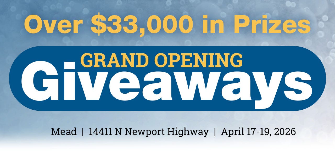 Graphic announcing over $33,000 in prizes for grand opening giveaways at 14411 N Newport Highway, Mead, from April 17-19, 2026.