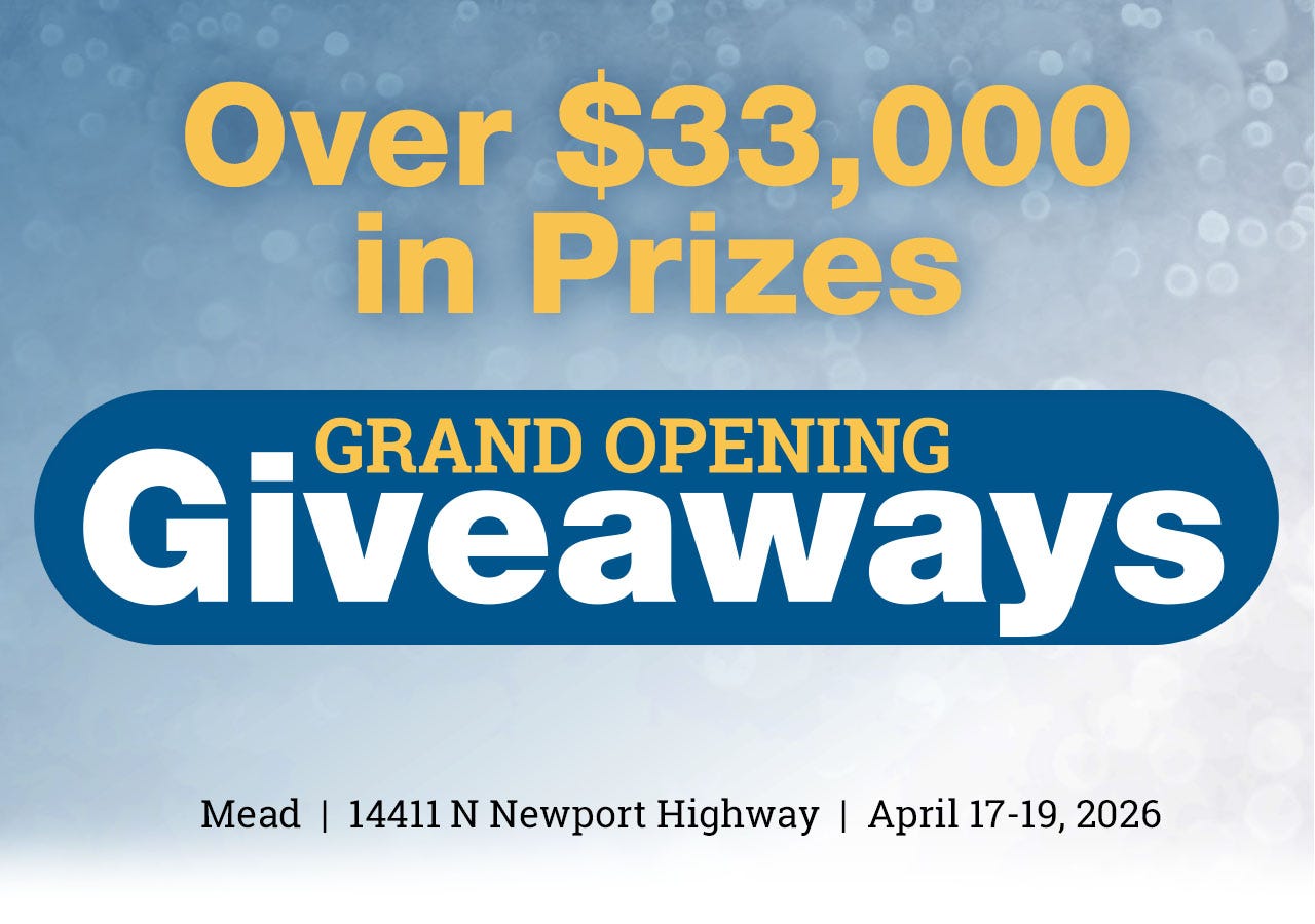 Graphic announcing over $33,000 in prizes for grand opening giveaways at 14411 N Newport Highway, Mead, from April 17-19, 2026.