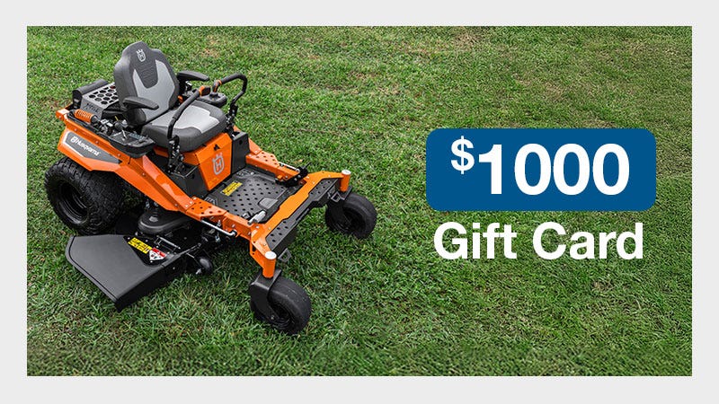 Husqvarna Lawn Mower on a green lawn with an overlay showing $1,000 gift card. 