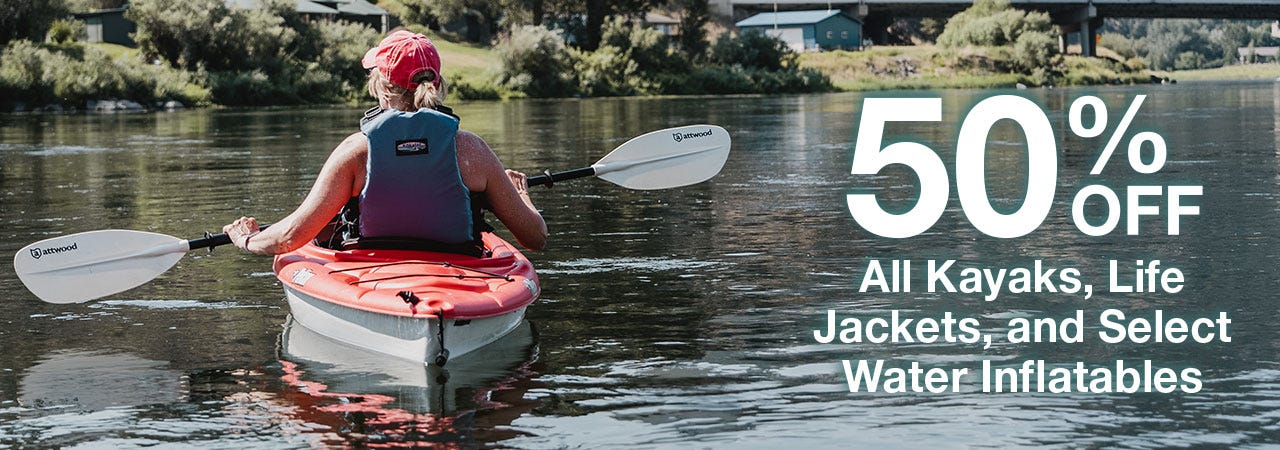 Sale banner featuring 50% discount on kayaks, life jackets, and select water inflatables.