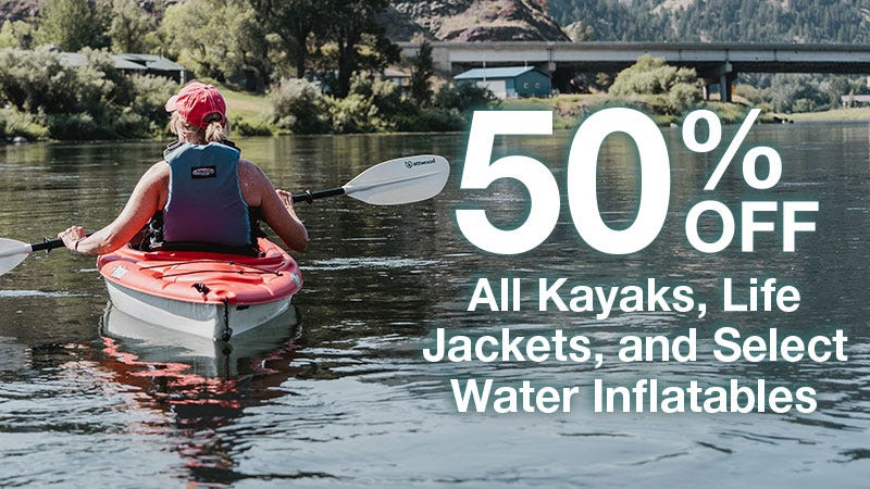 Sale banner featuring 50% discount on kayaks, life jackets, and select water inflatables.