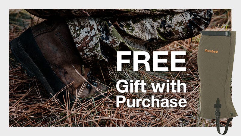 Man kneeling in Kenetrek boots with an overlaid graphic of a Loden Gaiter, promoting a free gift with purchase.