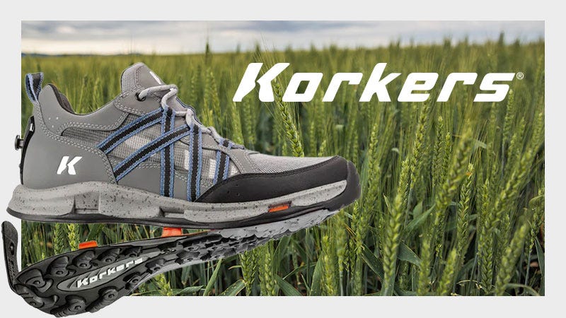 Korkers Outdoor Shoe with a background of Green. White Korkers Logo.