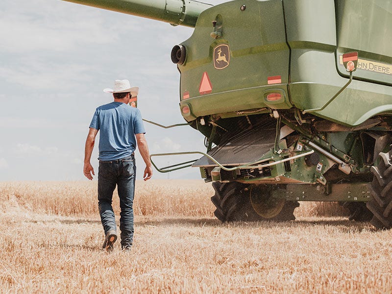 Person wearing a white cowboy hat, blue shirt, and jeans walking through a harvested field toward a large green John Deere combine.