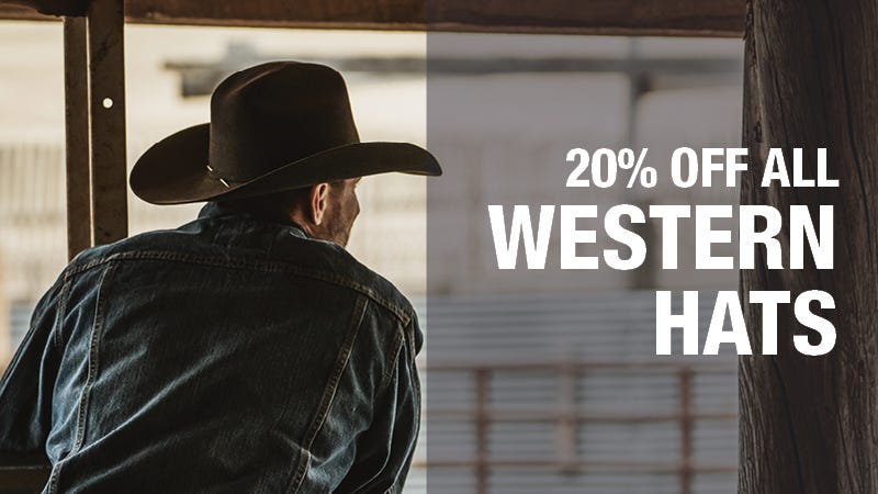 Behind shot of man in shadowed area. Focus on felt cowboy hat. Text reads "20% OFF All Western Hats"
